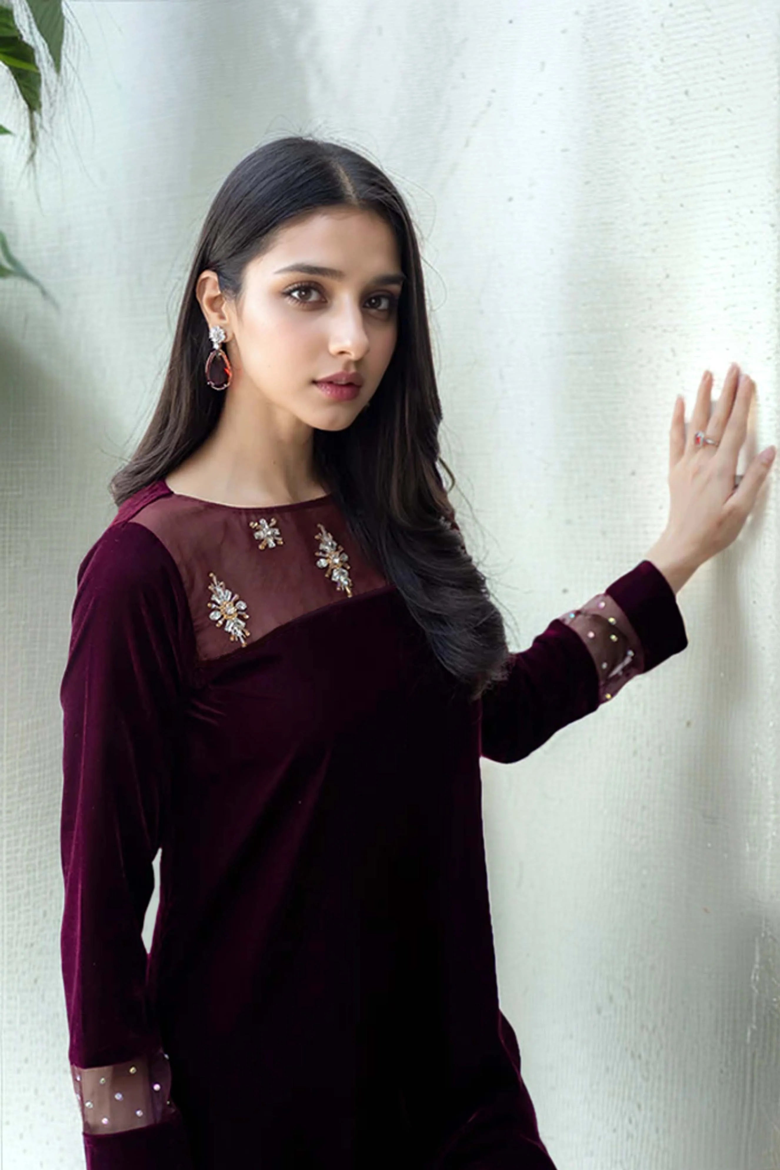 Maroon Velvet Two Piece Set with Hand Embellishments